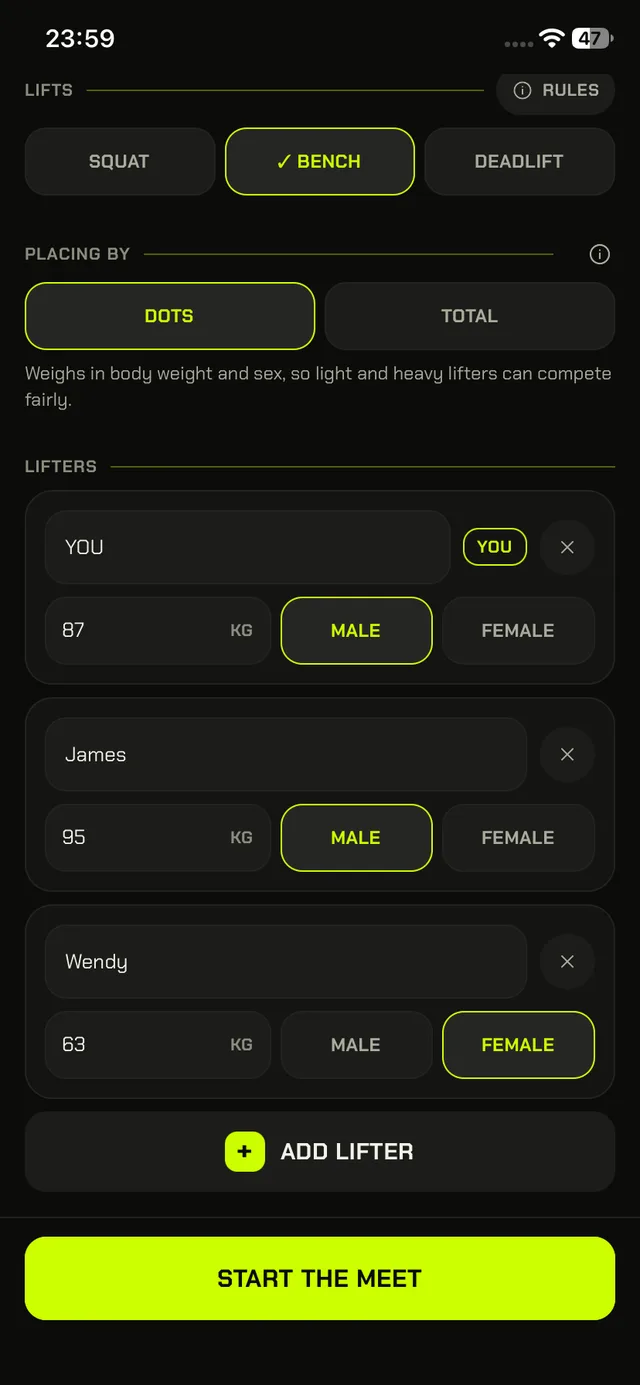 DEADSTOP meet screen, set up: Add lifters with body weight and sex, rank by DOTS or total