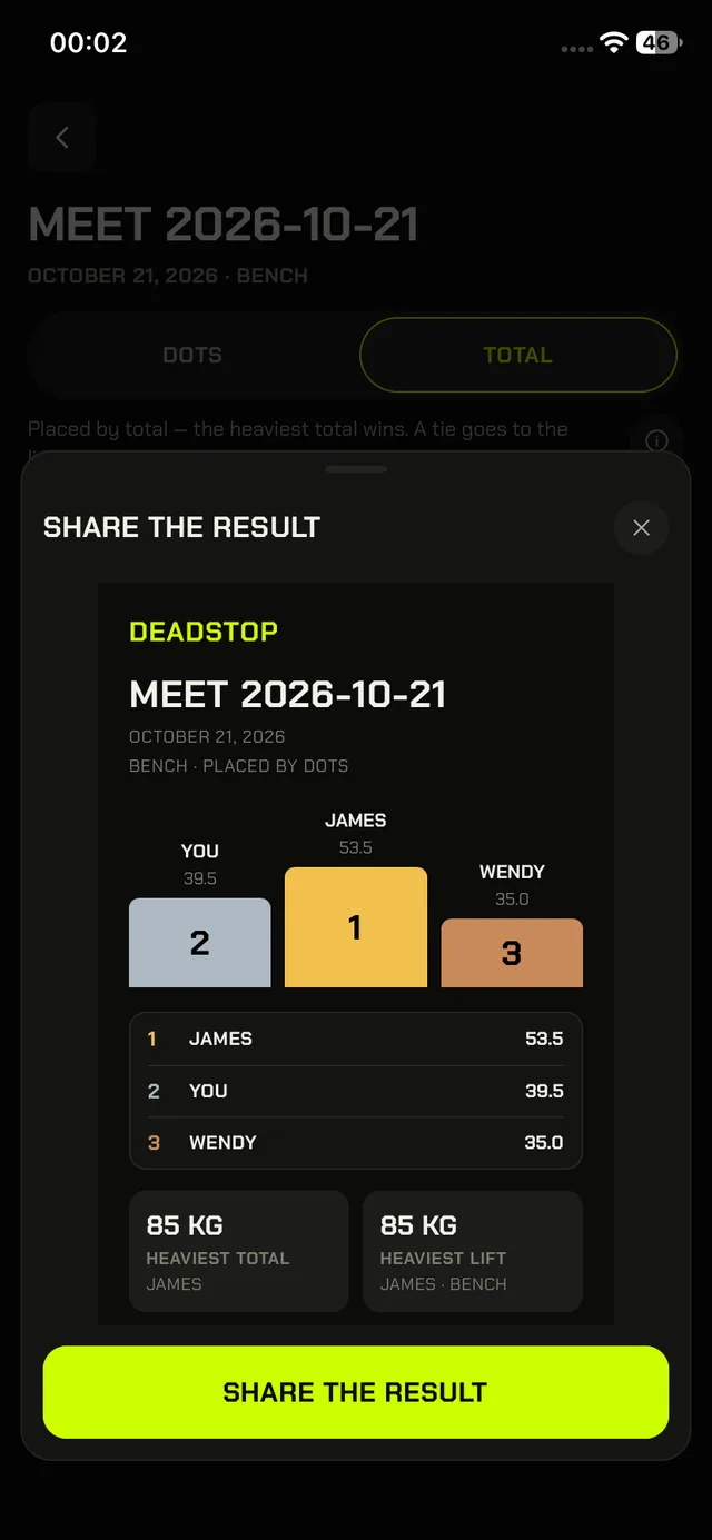 DEADSTOP meet screen, share: The podium as a card for Stories and group chats