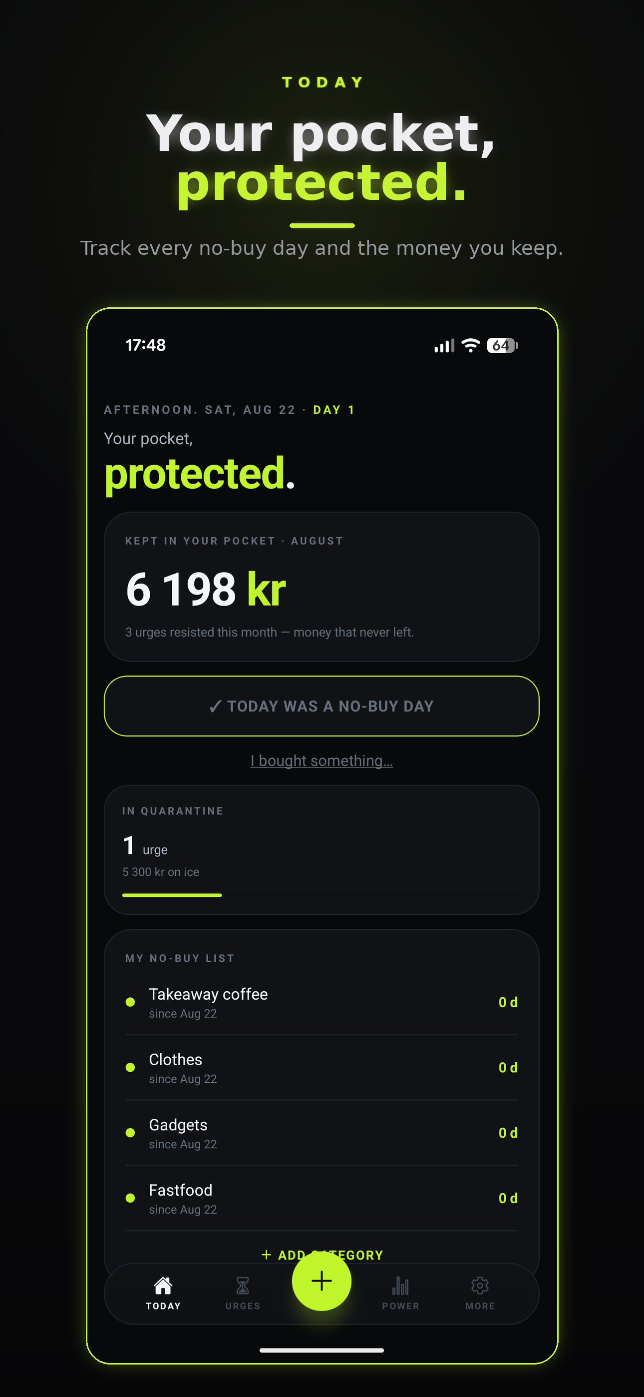 NoBuy Today screen