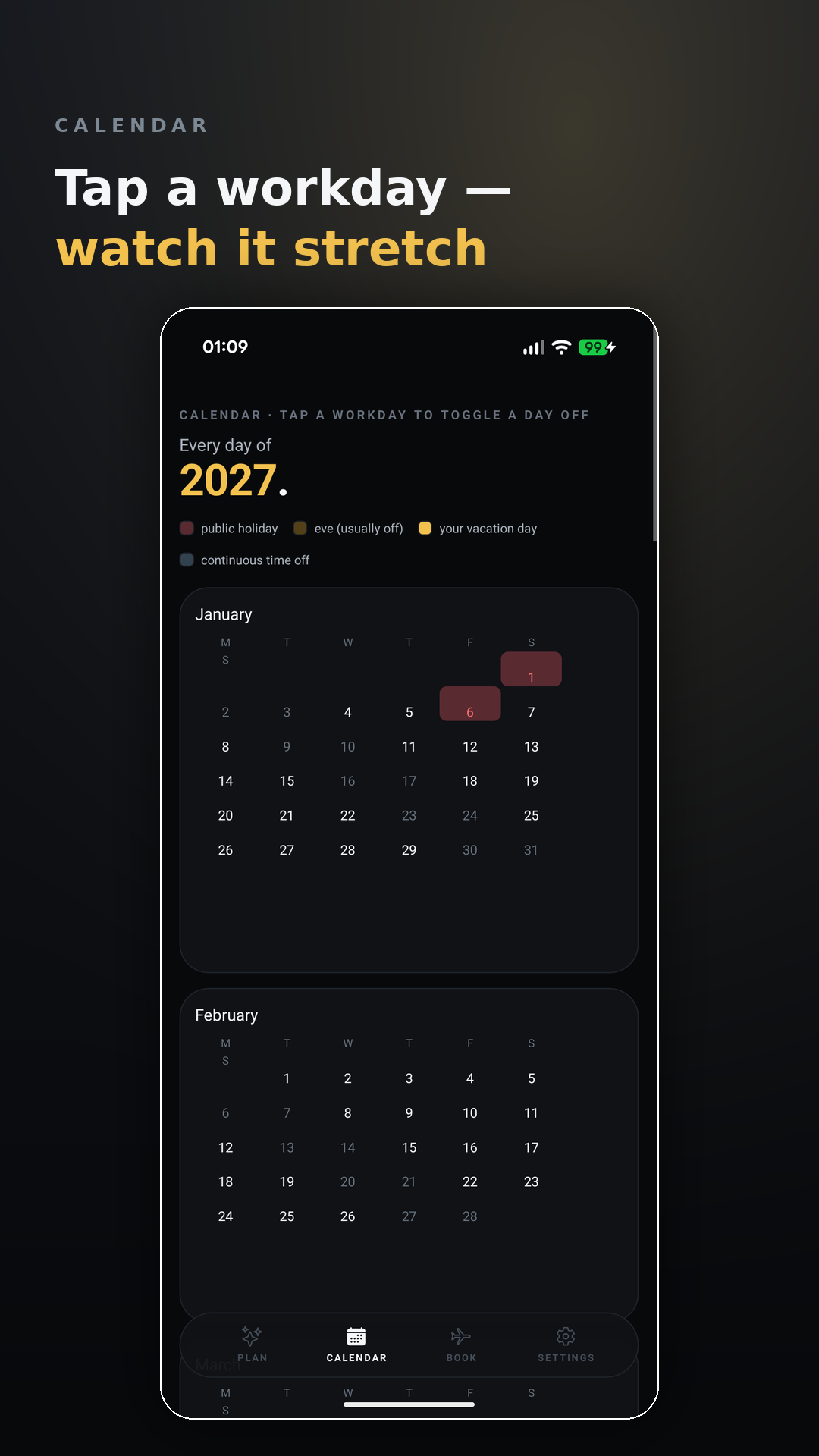 Vacationmaxxing The calendar screen